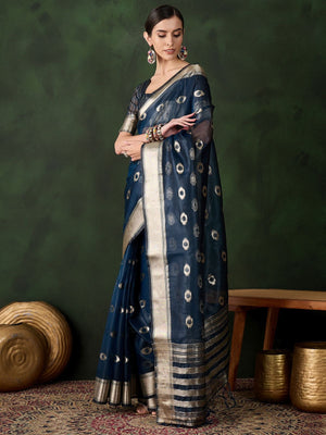 Rajwada Teal Blue Organza Woven Saree With Unstitched Blouse For Women