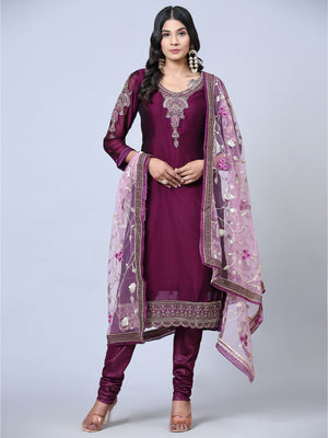 Rajwada Women Purple Embroidered Georgette Semi Stitched Salwar Suit
