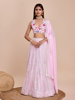 Rajwada Light Pink Georgette Embroidered Semi-Stitched Lehenga For Women