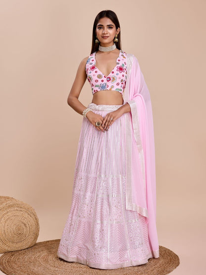 Rajwada Light Pink Georgette Embroidered Semi-Stitched Lehenga For Women