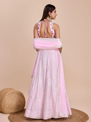 Rajwada Light Pink Georgette Embroidered Semi-Stitched Lehenga For Women