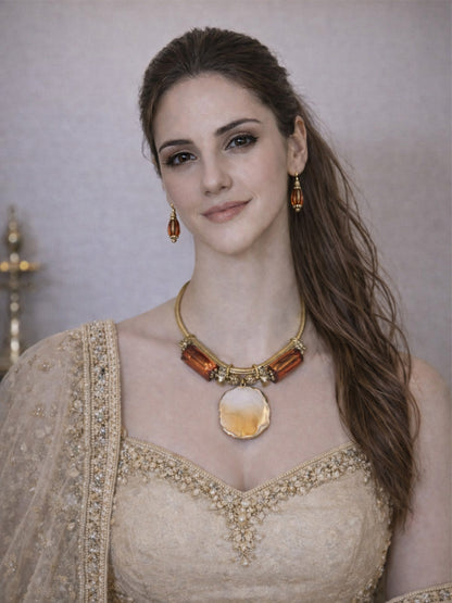 Rajwada Golden And Maroon PU Embellished Jewellery Set For Women
