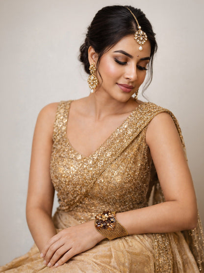 Rajwada Brown And Golden Alloy Pearl And Stone Cuff Bracelet For Women