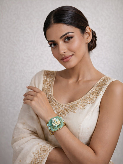 Rajwada Green And Golden Alloy Pearl And Stone Cuff Bracelet For Women