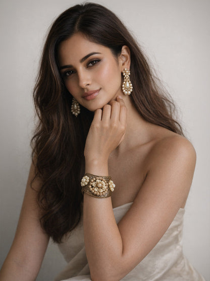 Rajwada Golden And White Alloy Pearl Cuff Bracelet For Women