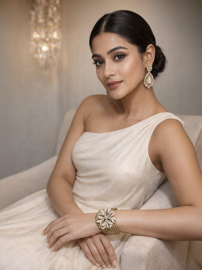 Rajwada Golden Alloy Pearl And Stone Cuff Bracelet For Women