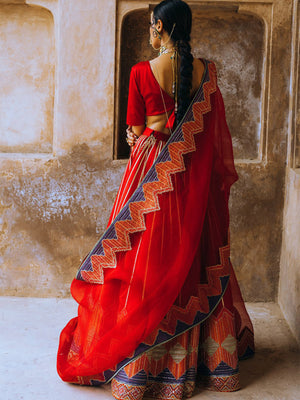 Rajwada Women Designer Red Semi Stitched Lehenga With  Unstitched Blouse