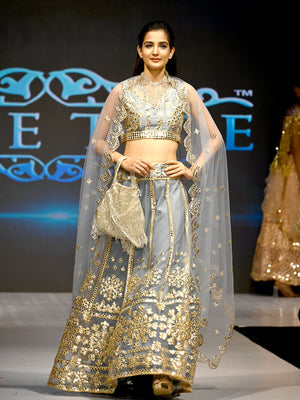 Rajwada Women Designer Grey Net Semi Stitched Lehenga With Unstitched Blouse
