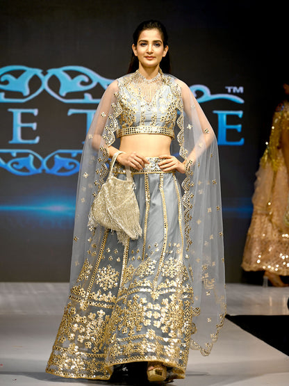 Rajwada Women Designer Grey Net Semi Stitched Lehenga With Unstitched Blouse
