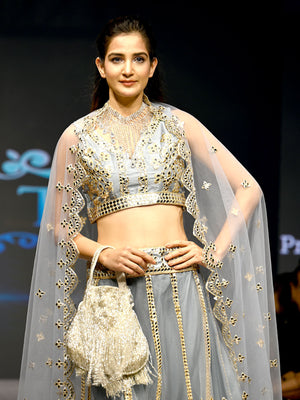 Rajwada Women Designer Grey Net Semi Stitched Lehenga With Unstitched Blouse