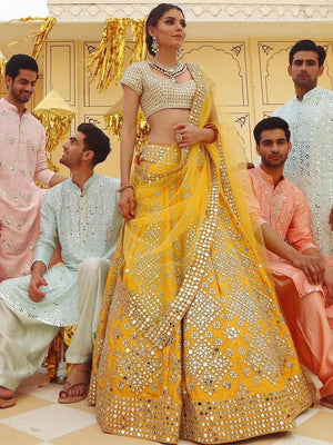 Rajwada Women Mustard Elegant Semi Stitched Lehenga With  Unstitched Blouse