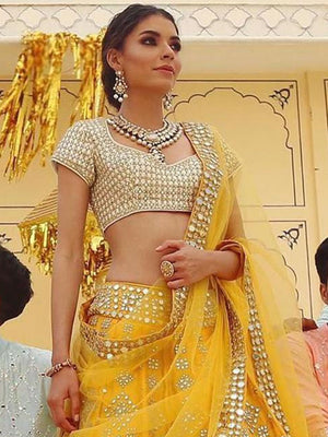 Rajwada Women Mustard Elegant Semi Stitched Lehenga With  Unstitched Blouse