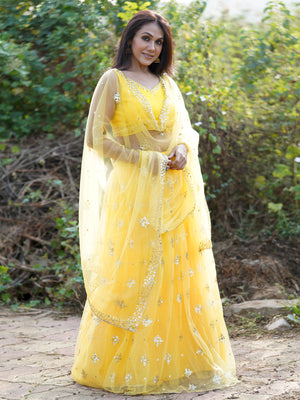 Rajwada Women Designer Yellow Net Semi Stitched Lehenga With Unstitched Blouse