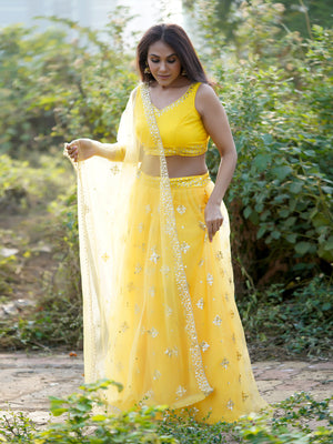Rajwada Women Designer Yellow Net Semi Stitched Lehenga With Unstitched Blouse