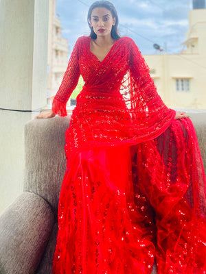 Red Organza Sequins Saree With Unstitched Blouse