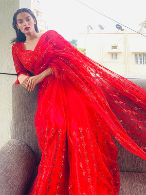 Red Organza Sequins Saree With Unstitched Blouse