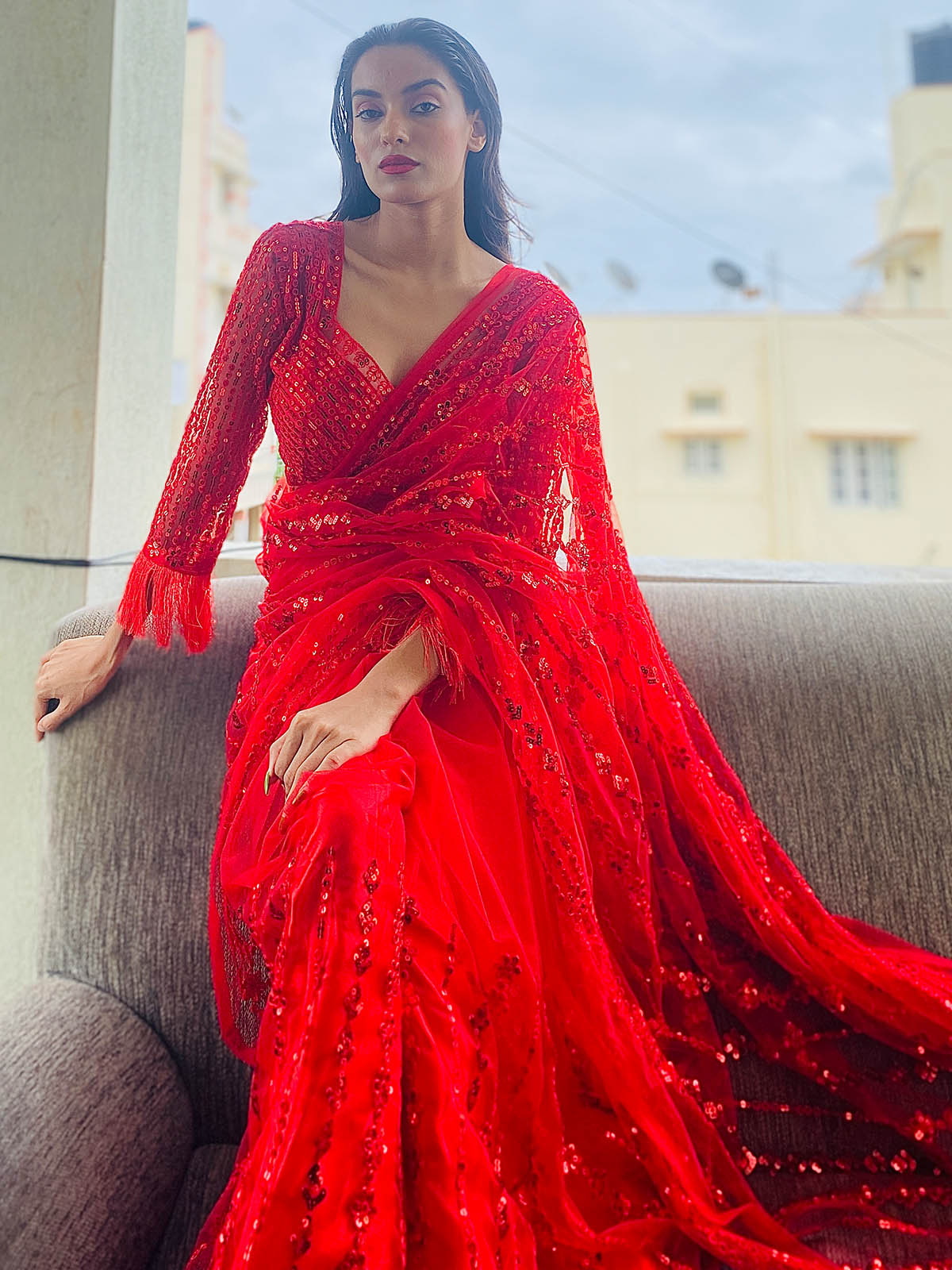 Red Organza Sequins Saree With Unstitched Blouse
