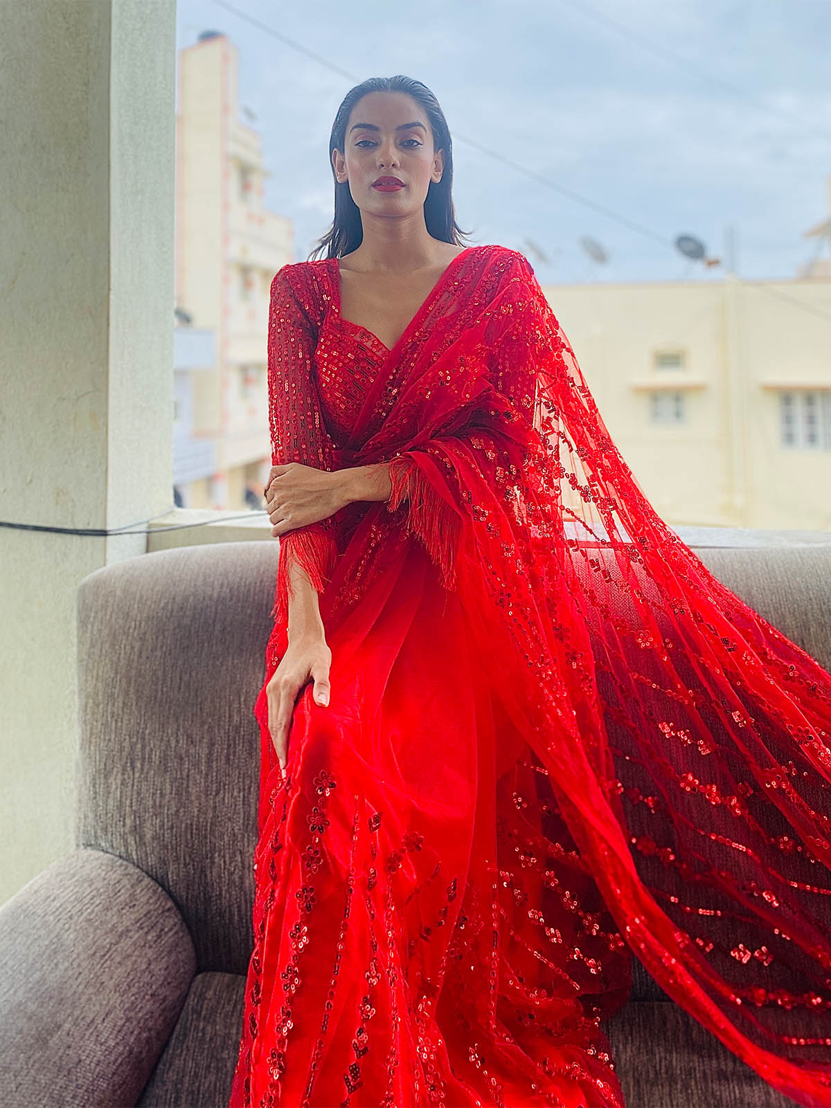 Red Organza Sequins Saree With Unstitched Blouse