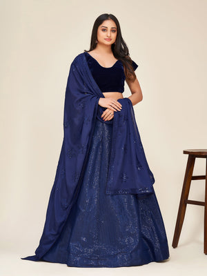 Rajwada - Blue Silk Blend Semi Stitched Lehenga Set