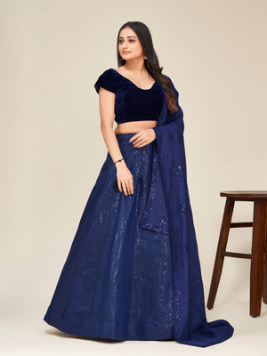 Rajwada - Blue Silk Blend Semi Stitched Lehenga Set
