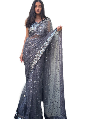 Rajwada Grey Net Saree with unstitched Blouse For Women