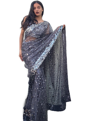 Rajwada Grey Net Saree with unstitched Blouse For Women
