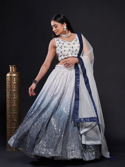 White And Blue Georgette Sequins Semi Stitched  Lehenga Choli