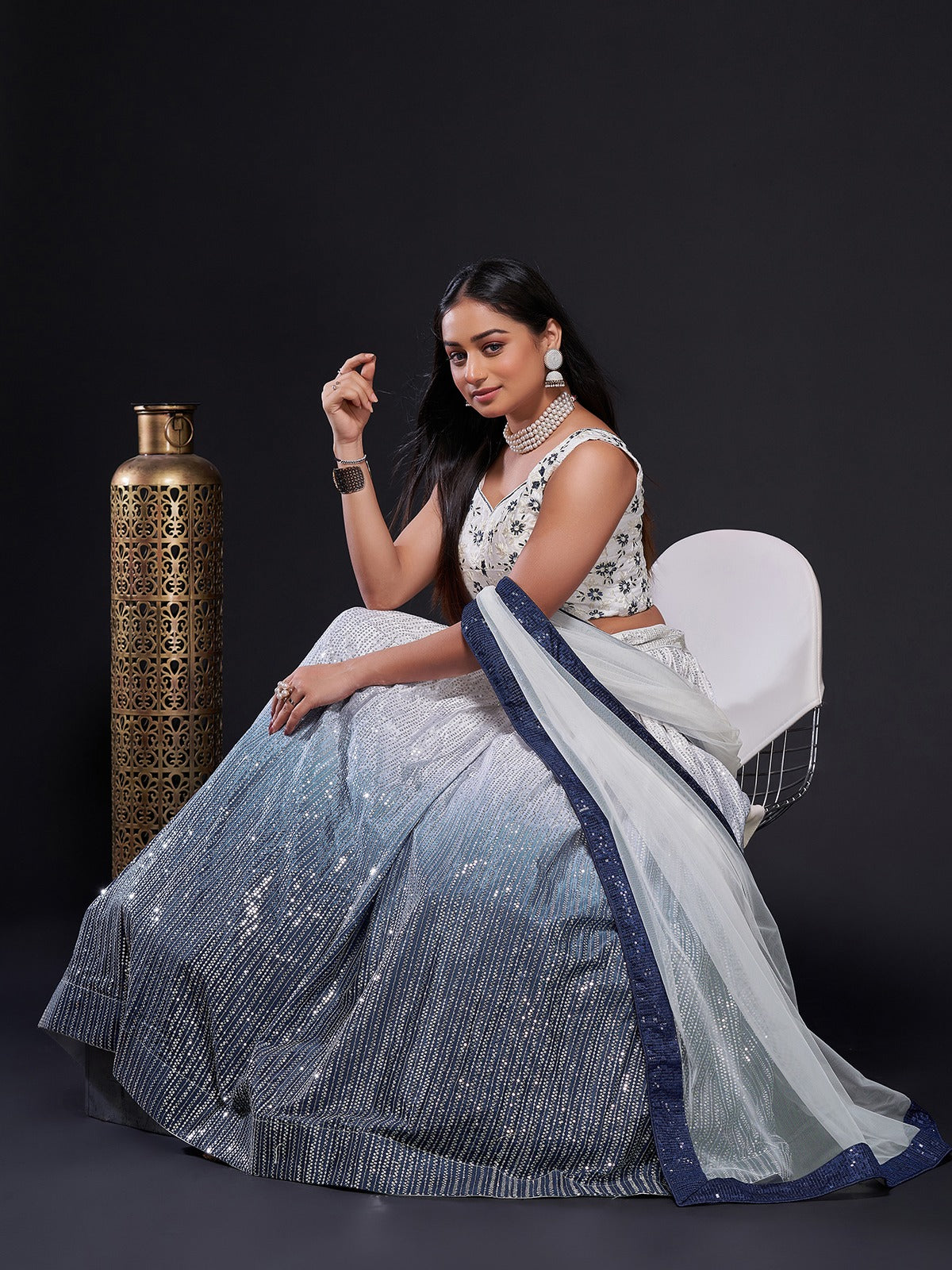 White And Blue Georgette Sequins Semi Stitched  Lehenga Choli