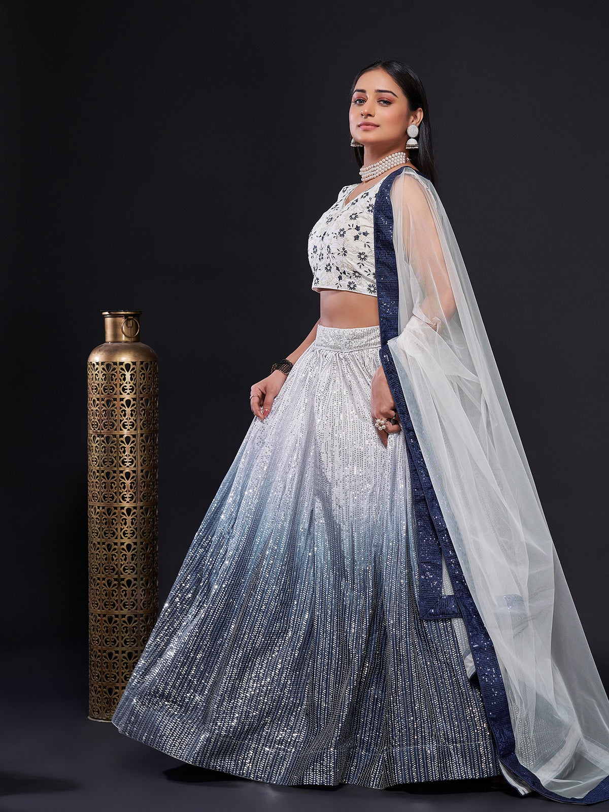 White And Blue Georgette Sequins Semi Stitched  Lehenga Choli