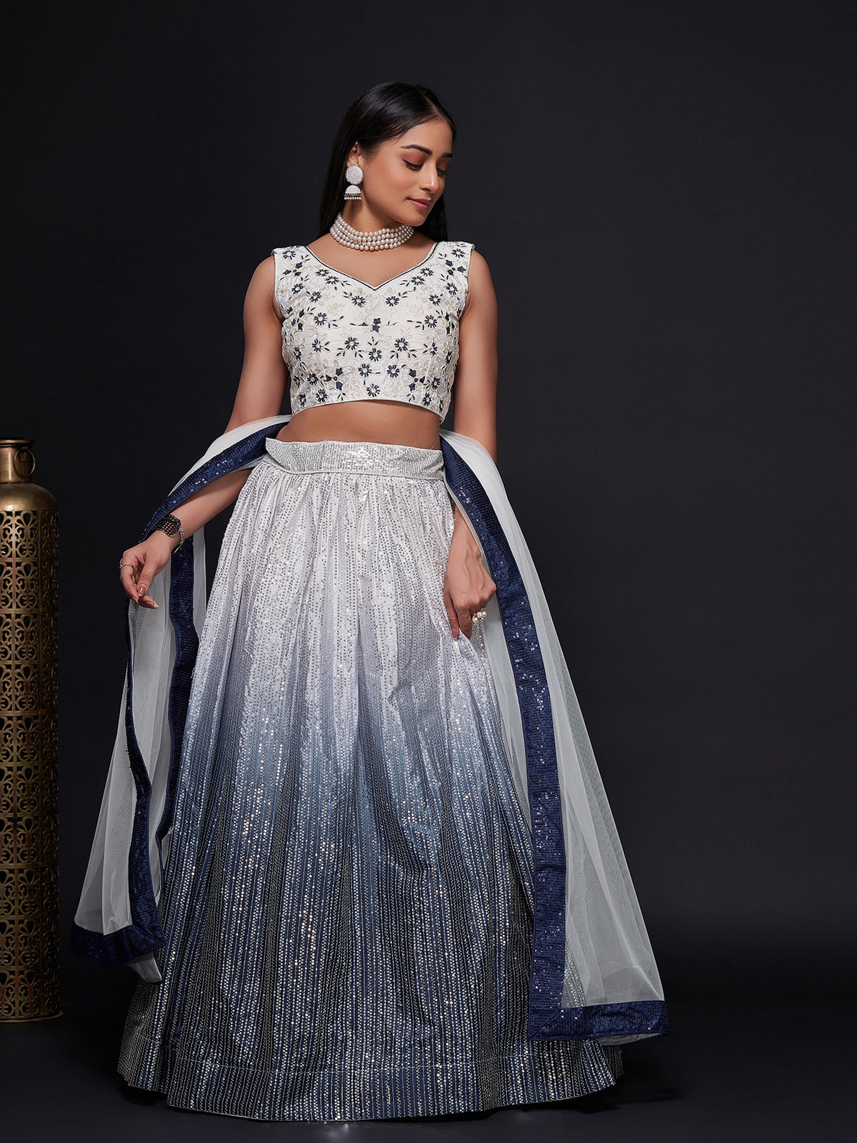 White And Blue Georgette Sequins Semi Stitched  Lehenga Choli