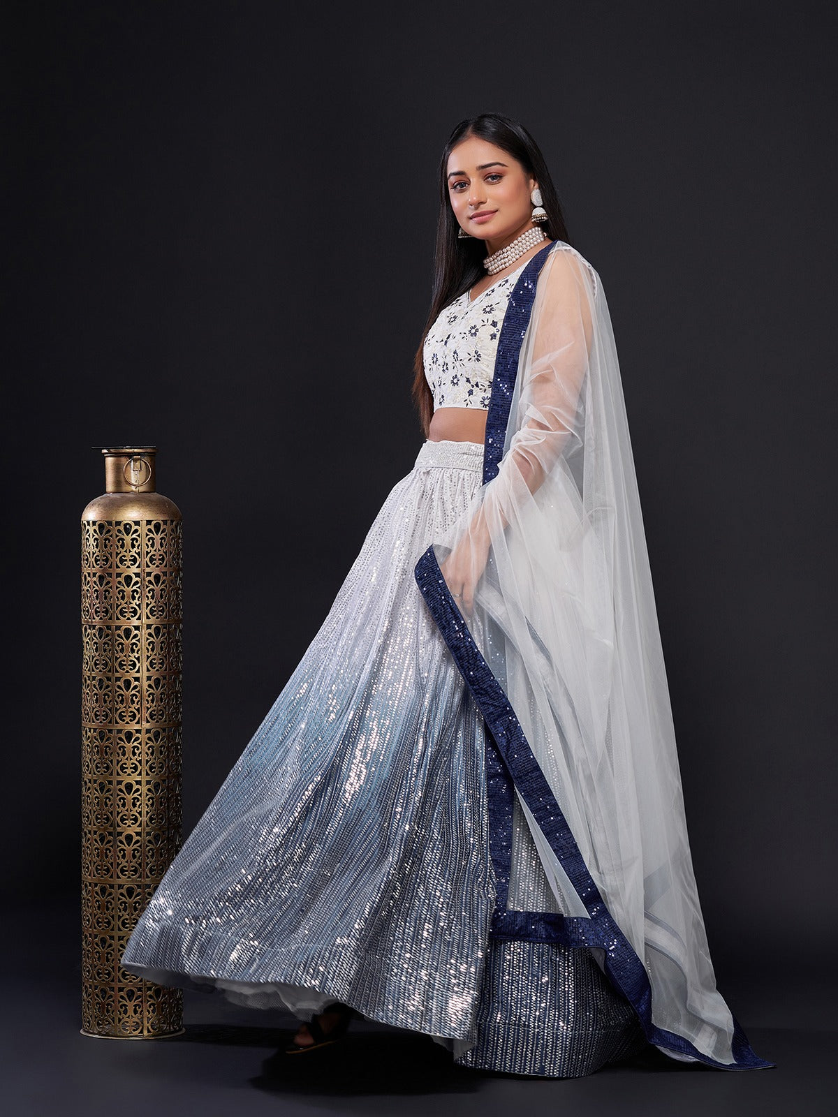 White And Blue Georgette Sequins Semi Stitched  Lehenga Choli