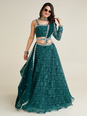 Rajwada Women Bottle Green Georgette Printed Semi Stitched Lehenga With Unstitched Blouse