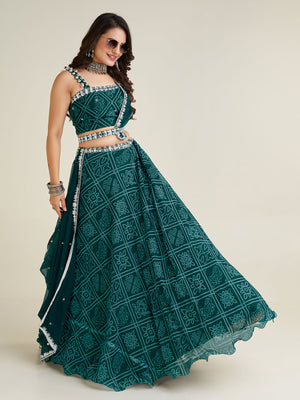 Rajwada Women Bottle Green Georgette Printed Semi Stitched Lehenga With Unstitched Blouse