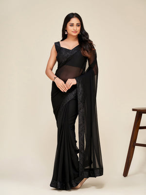 Rajwada Women Black Georgette Embellished Saree With Unstitched Blouse