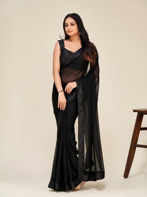 Rajwada Women Black Georgette Embellished Saree With Unstitched Blouse