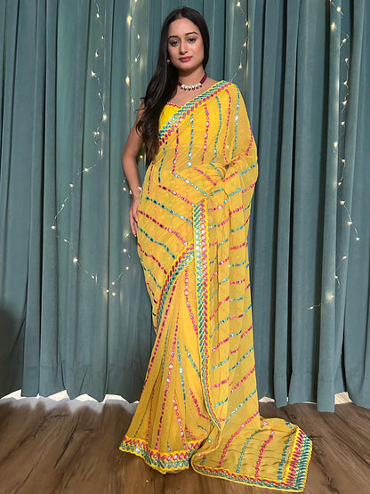 Rajwada Yellow Georgette Saree with unstitched Blouse for Women