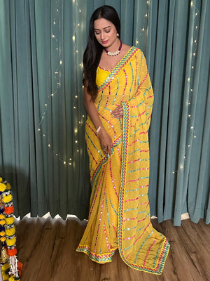 Rajwada Yellow Georgette Saree with unstitched Blouse for Women