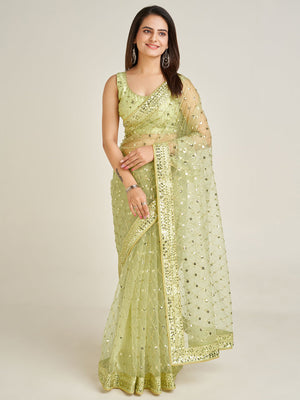 Rajwada Women Sparkling Green Net Sequins Saree