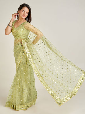 Rajwada Women Sparkling Green Net Sequins Saree