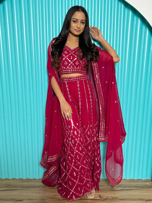 Rajwada Pink Georgette Stitched Co-Ord Set with Unstitched Blouse for Women
