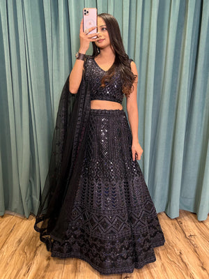 Rajwada Women's Black Net Semi Stitched Lehenga with Unstitched Blouse