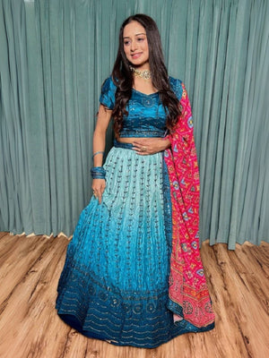 Rajwada Blue Chinon Silk Embroidered Semi-Stitched Lehenga For Women