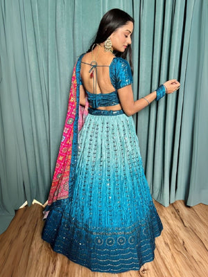 Rajwada Blue Chinon Silk Embroidered Semi-Stitched Lehenga For Women