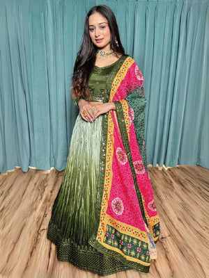 Rajwada Green Chinon Silk Embroidered Semi-Stitched Lehenga For Women