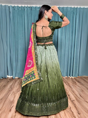 Rajwada Green Chinon Silk Embroidered Semi-Stitched Lehenga For Women