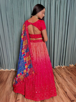 Rajwada Red Chinon Silk Embroidered Semi-Stitched Lehenga For Women