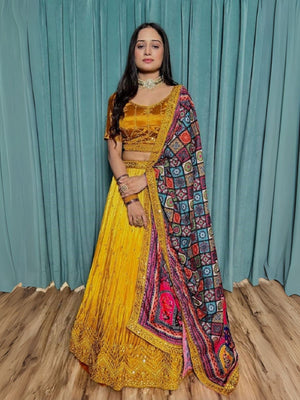 Rajwada Yellow Chinon Silk Embroidered Semi-Stitched Lehenga For Women