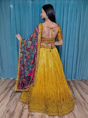 Rajwada Yellow Chinon Silk Embroidered Semi-Stitched Lehenga For Women