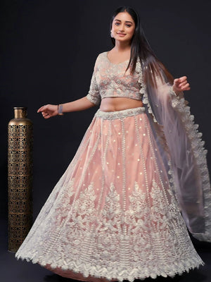 Rajwada Peach Net Embroidered Semi-Stitched Lehenga For Women