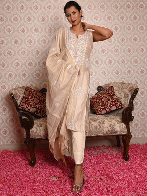 Rajwada Women Beige Shimmered Polyester Chikankari Beads Embroidered Unstitched Kurta Set